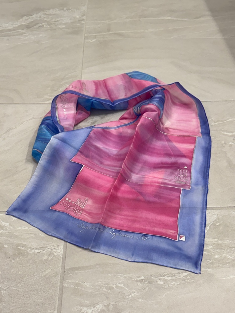 Hand Painted Silk Scarf Pink Blue Gradient Watercolor Wrap